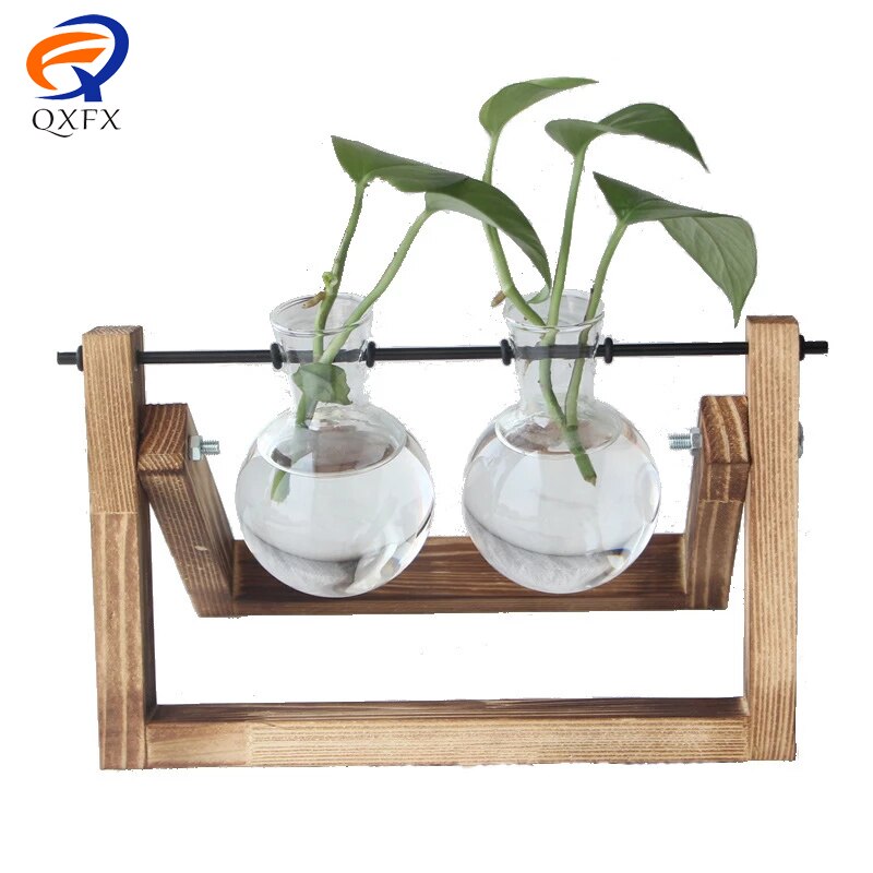 Plante terrarium med træstativ luftplanter pære glasvase metal drejeboks til hydroponics dekoration af hjemmekontoret