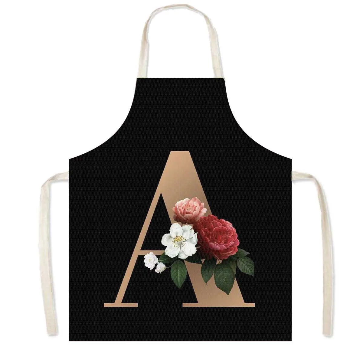 Delantal de cocina con estampado de flores y 26 iniciales, delantales de cocina con letras de A-Z para mujer, Chef de barbacoa, camarero, herramienta de limpieza para hornear en casa, delantal