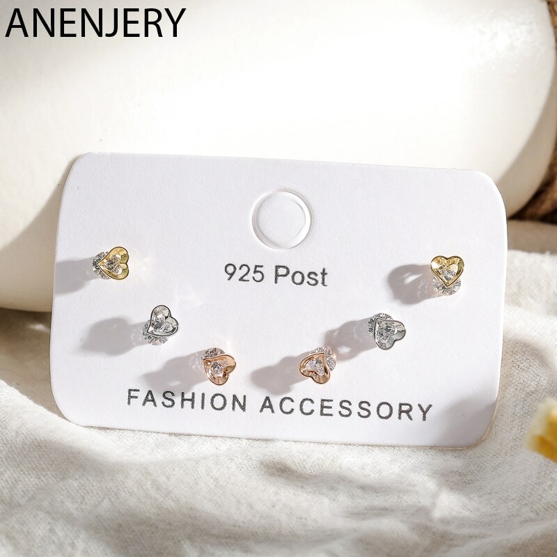 ANENJERY Zarte Kleine 6-stück Ohrringe einstellen Gold Silber Farbe Zirkon Liebe Herz Ohrringe Für Frauen Freund S-E1223