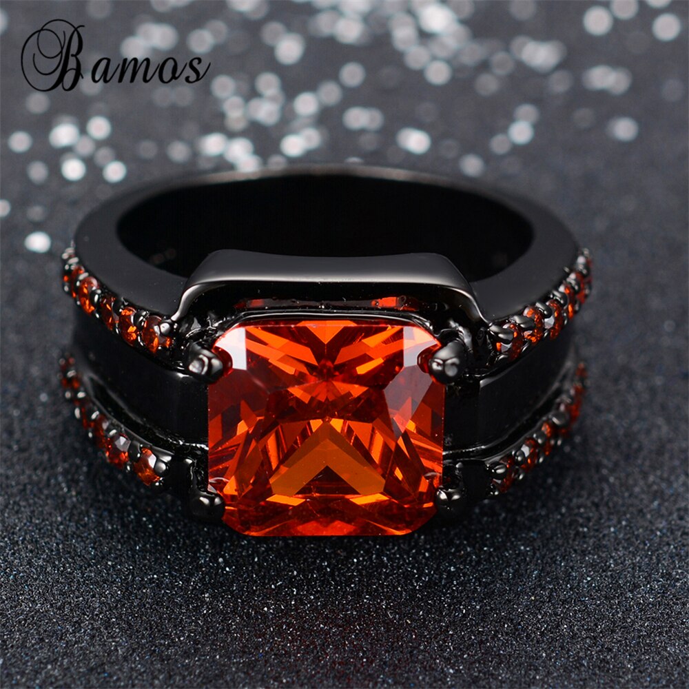 Bamos Male Red Geometric Ring Black Gold Filled Jewelry Vintage Wedding Rings For Men Year