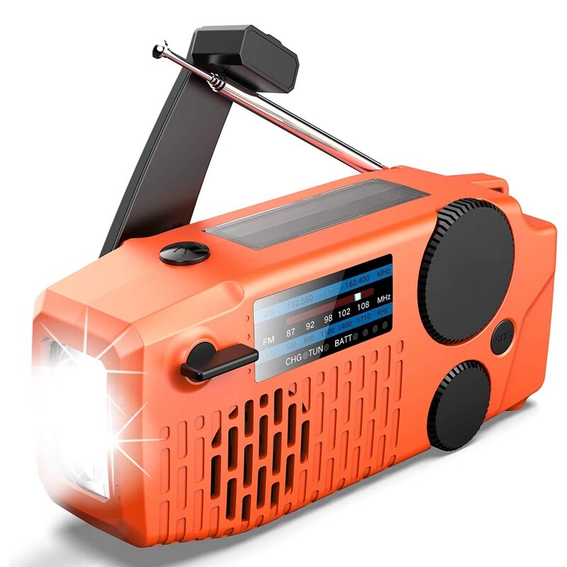 Emergency Solar Hand Crank Draagbare Noaa Weather Radio Met Am/Fm Oortelefoon Jack Led Zaklamp 2000Mah Power Bank: Orange