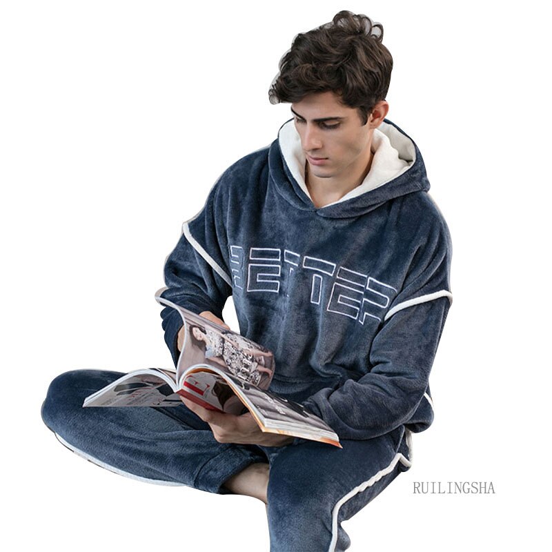 Pijama de franela con capucha para hombre, conjunto de 2 unids/set/conjunto de ropa de dormir gruesa y cálida para parejas, trajes informales sueltos para el hogar