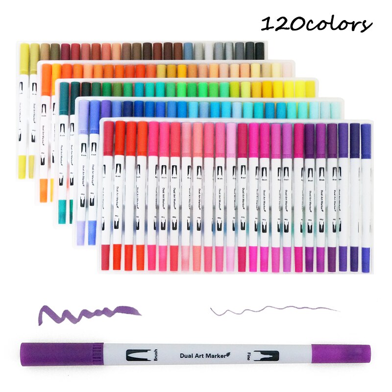 120 Kleuren Box Art Markers Fine Liner Dual Tip Borstel Pennen Set Tekening Schilderij Aquarel Pen Schoolbenodigdheden: 120 Colors White