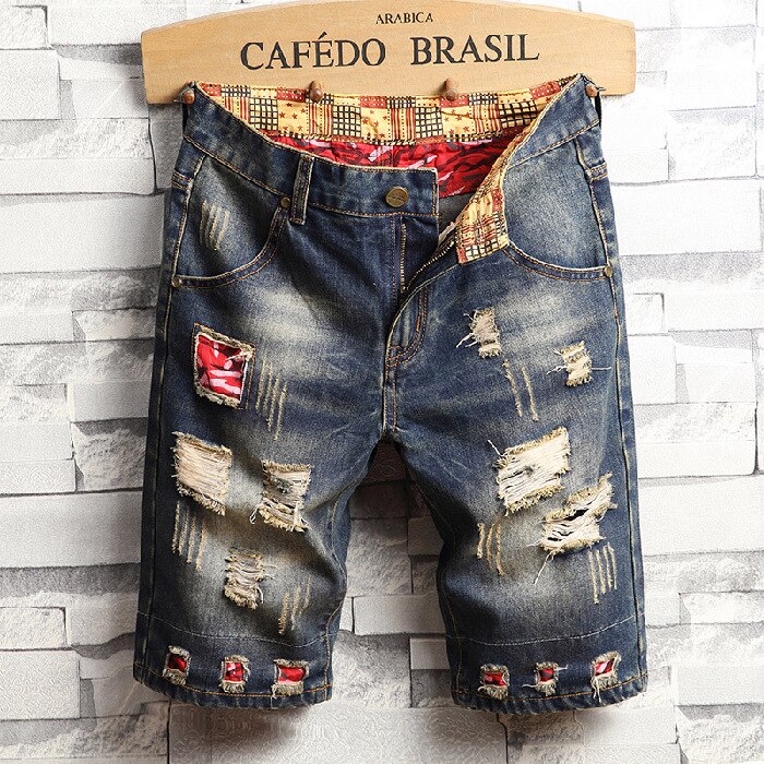Sommer trend patch personlighed hul mænd casual denim shorts sommer tynde sektion lige jeans shorts: 32