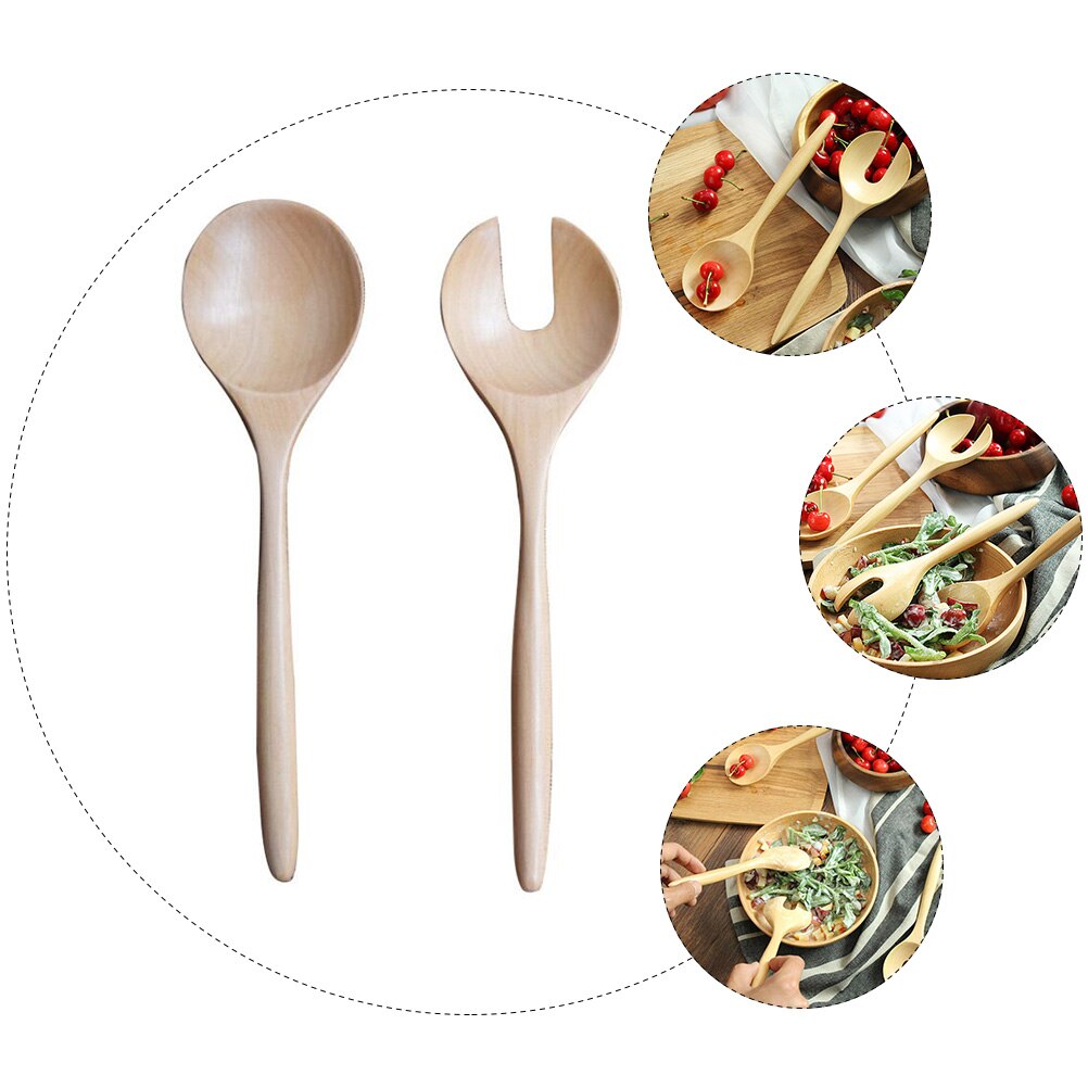 1 Set 2pcs Salad Spoon Round Wood Spoon and Fork Salad Servers Wood Color