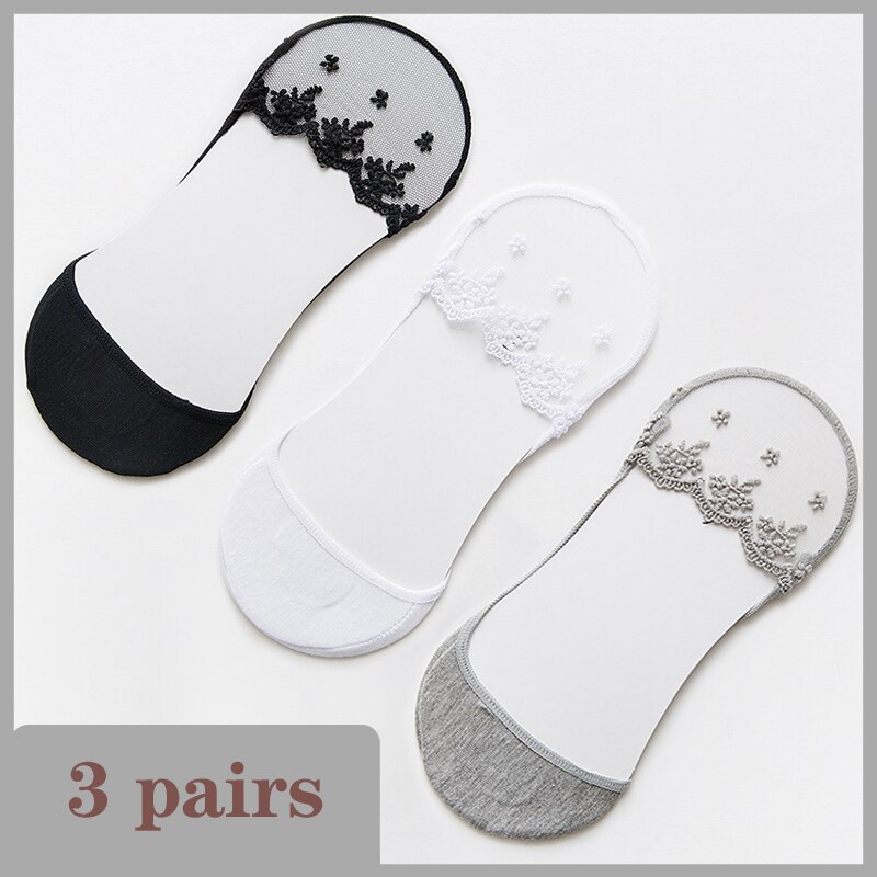 Lace Socks Women Summer Breathable High Heel Invisible Boat Socks Ankle Low Cut Sock Solid Embroidered Female Sox 3 Pairs: B