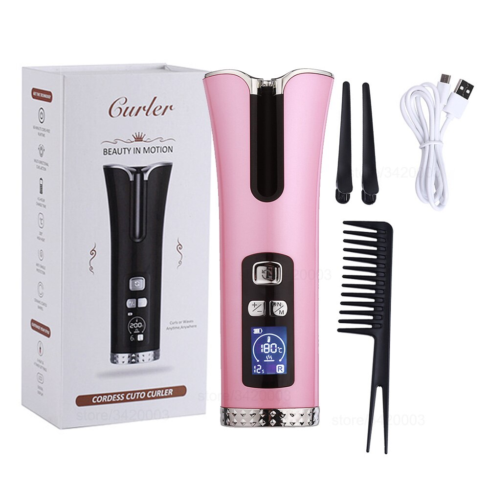 Fer à friser automatique, sans fil, appareil de chauffage en céramique Tourmaline pour les cheveux, Mini bigoudis de cheveux, appareil de chauffage numérique USB LED: pink with box