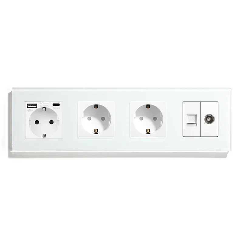 Vägguttag med usb typ c-brytare och uttag med tv-internet cat 6 -gränssnitt eu-standard vit kristallglasströmbrytare: Himmelsblå