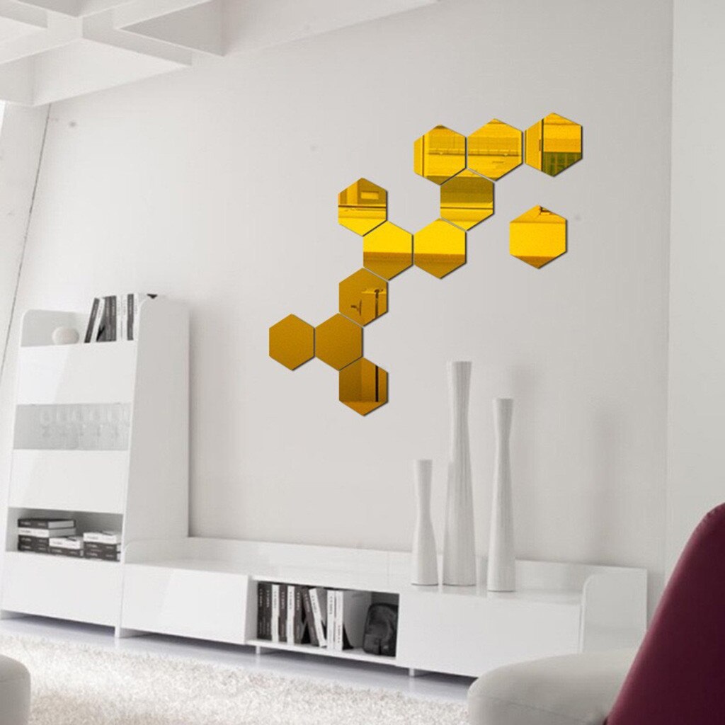 12pcs/set Geometric Hexagon Mirror Wall Sticker Diy Home Decor Enlarge Living Room Removable Safety 2 Sizes Diy Wall Stickers #Y