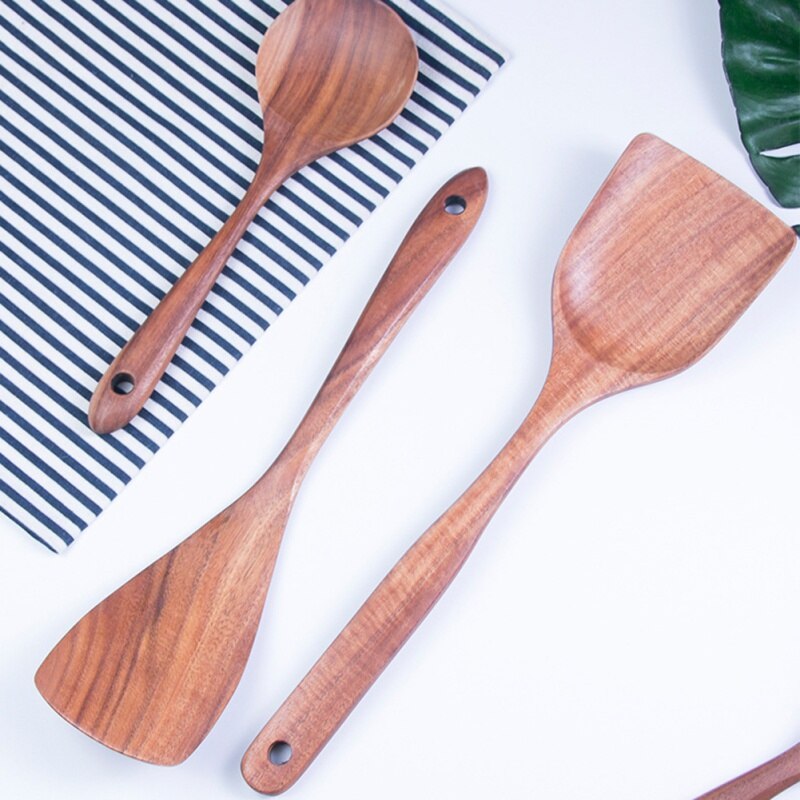 Chinese Style Unpainted Solid Wood Teak Spatula Rice Spoon Kitchen Wooden Spoon For Kitchen Cooking Tools