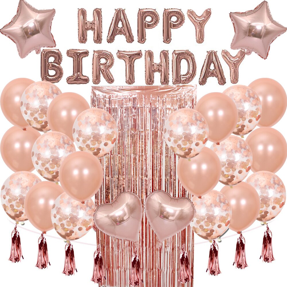 28pcs Rose Gold Birthday Decoration Set Letter Happy Birthday Balloon Birthday Party Decor Kids Tassel Sequin Latex Balloon