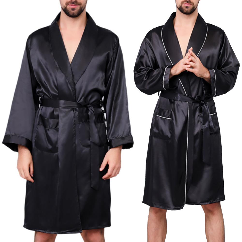 Robes d'été en Imitation soie pour hommes, avec poches, ceinture à la taille, Robe de bain, vêtements de nuit pour la maison, salon