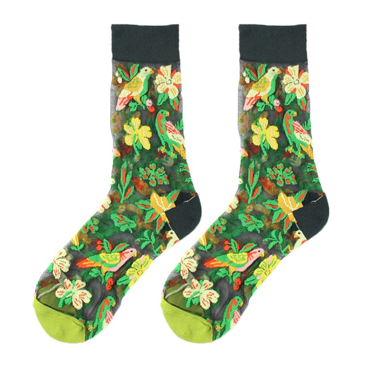 Calcetines divertidos de pájaro Floral de seda de cristal con Hipster francés para mujer, ropa de calle transparente, Calcetines divertidos artísticos de Jacquard Sokken: Azul cielo
