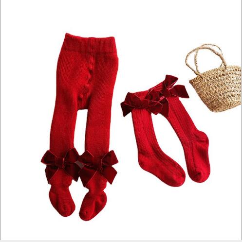 Children plus velvet leggings red flannel bow pantyhose Christmas Year thick pants leggings