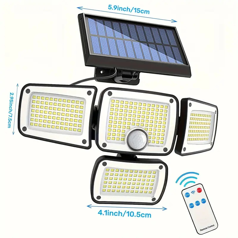Solar buitenverlichting met 346/342 led's en 4 koppen, inclusief bewegingssensor, breedstralende beveiligingsschijnwerpers voor buiten, tuin, garage en parkeerplaats.