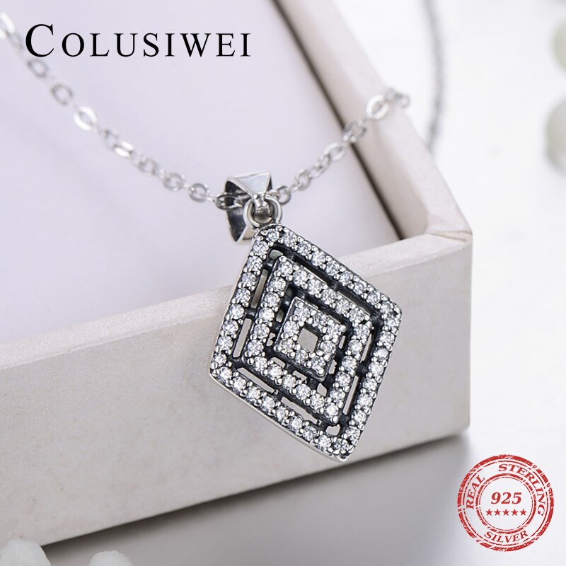 Colusiwei 925 Sterling Silver Shiny Zircon Retro Square Pendant & Stud Earring & Ring Wedding Engagement Jewelry Set