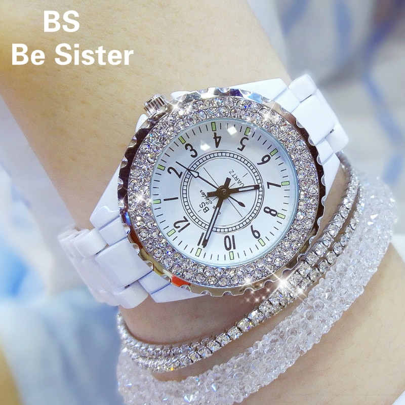 BS Luxury Ceramic Women Watch Crystal White Ladies Quartz Wristwatches Women Watches Ladies Wrist watches Female Clock