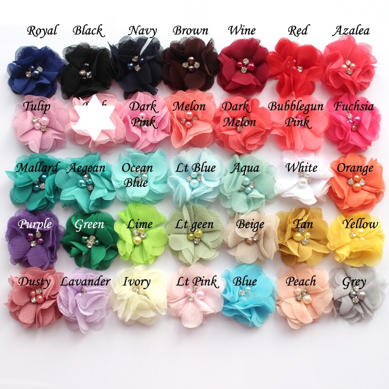 35 Color U Pick 2 Inch Mini Layered Chiffon Fabric Flowers With Pearl Rhinestone DIY Bow Making Supplies ,Two Pearl Two Rhinesto