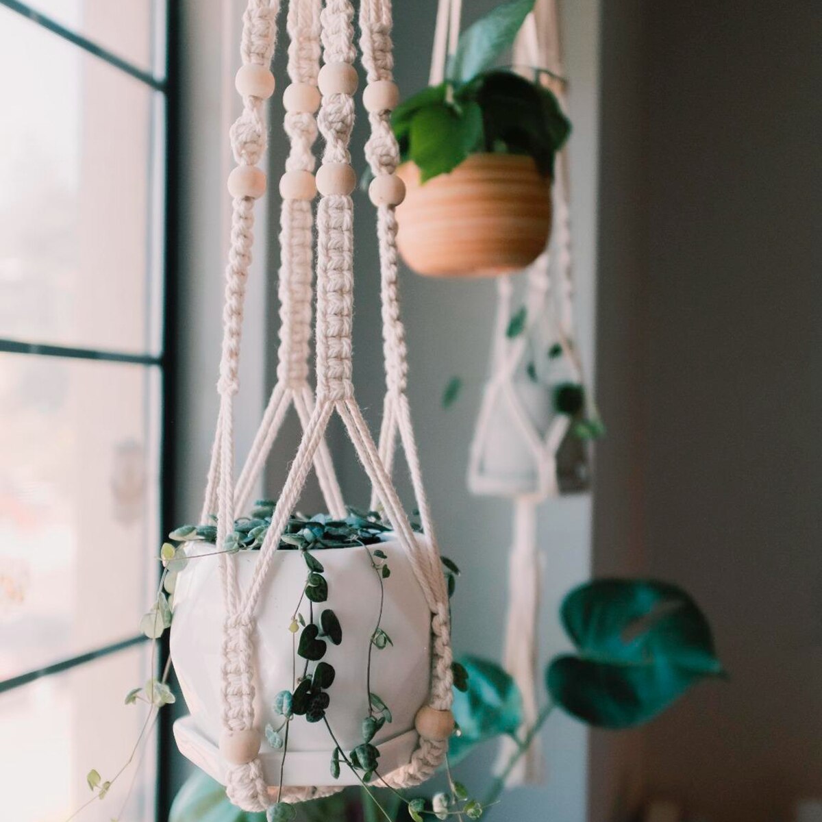 Macramé hecho a mano colgador de plantas cestas soporte para macetas balcón colgante maceta cesta decoración cuerda de elevación suministros de jardín para el hogar