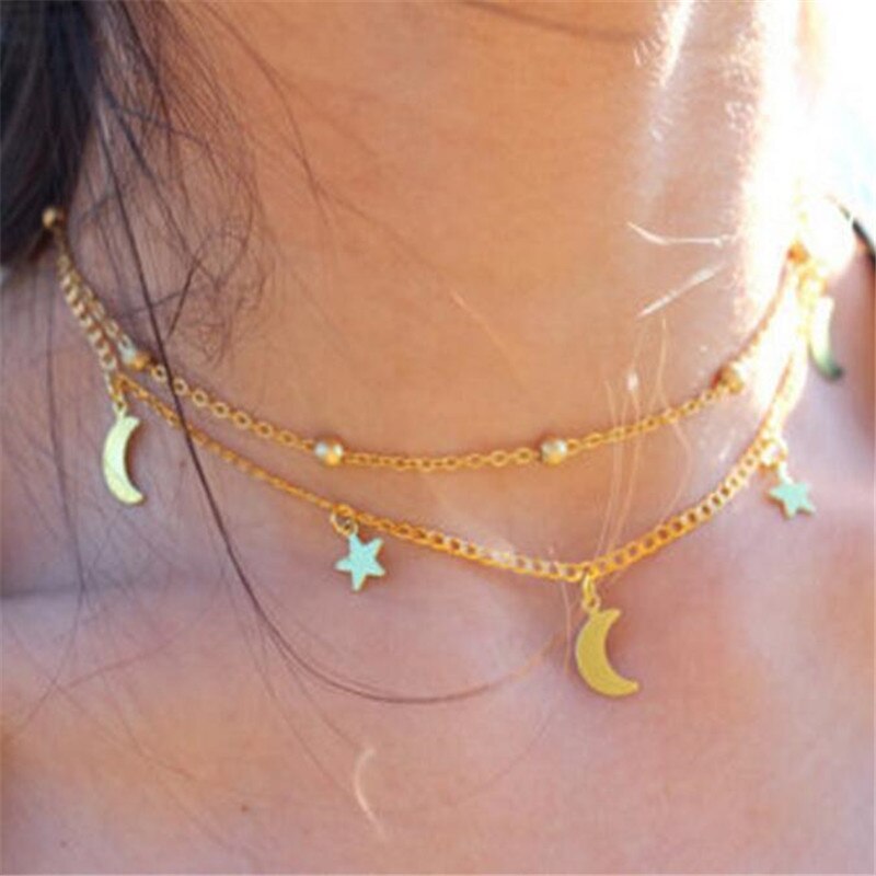 Nueva joyería de para mujer y niña, Gargantilla de 2 capas con forma de luna y estrella, collar con cadena para el cuello, collares con colgante para clavícula,: Default Title