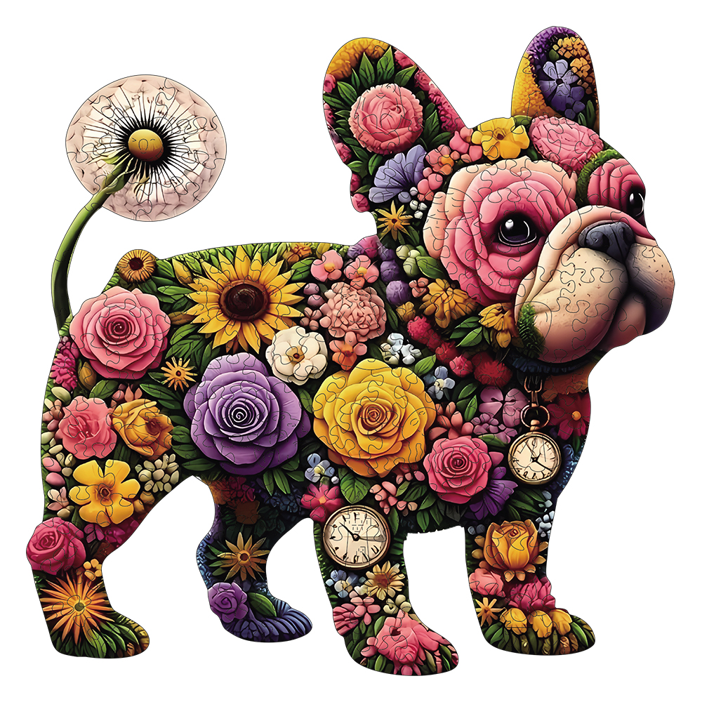 Wooden Puzzle for Adults, Colorful flower bulldog Puzzles, Special for Friends Family Modern Art Home Decor
