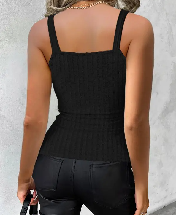 Camiseta sin mangas con cuello de sobrepelliz vinculado con cadena, Top Sexy sin mangas con decoración de botones para primavera y verano, ropa de mujer