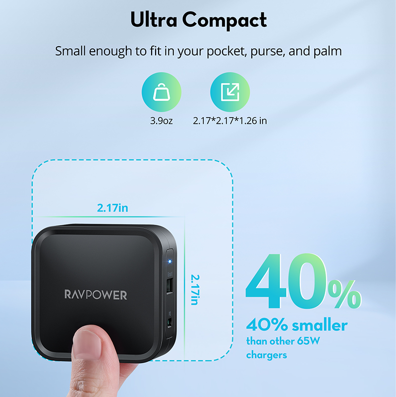 RAVPower GaN Charger 65W USB C Quick Charger Type C EU/US/UK Plug AC Folding Foot Fast Charge Phone Dual Port for IPhone MacBook