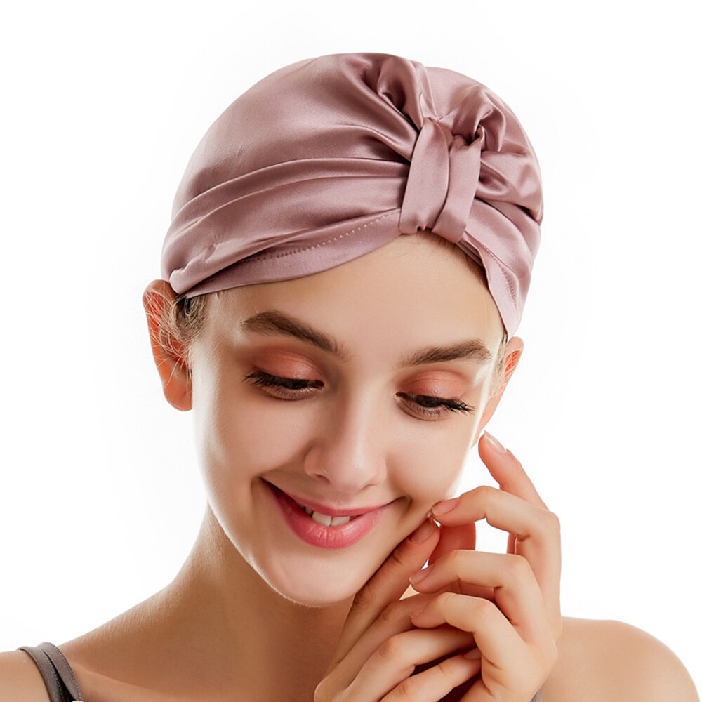 100% Mulberry Silk Sleeping Cap Night Silk Sleeping Bonnet Cover for Women with Elastic Ribbon for Hair Care Long Hair 19 Momme