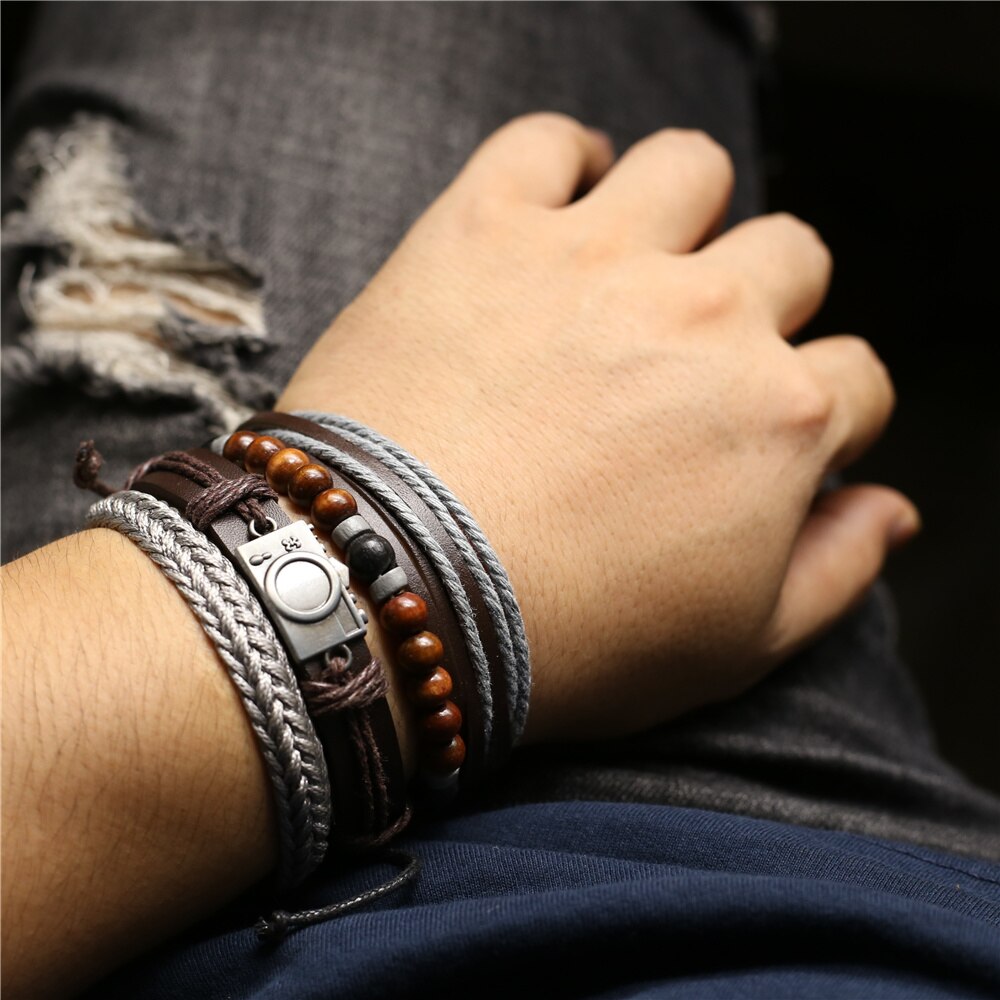 Neue Jahrgang Feder Haken Kamera Auge Charme Perlen Leder Männer Armbänder Für Frauen Femme Homme Männlichen Schmuck