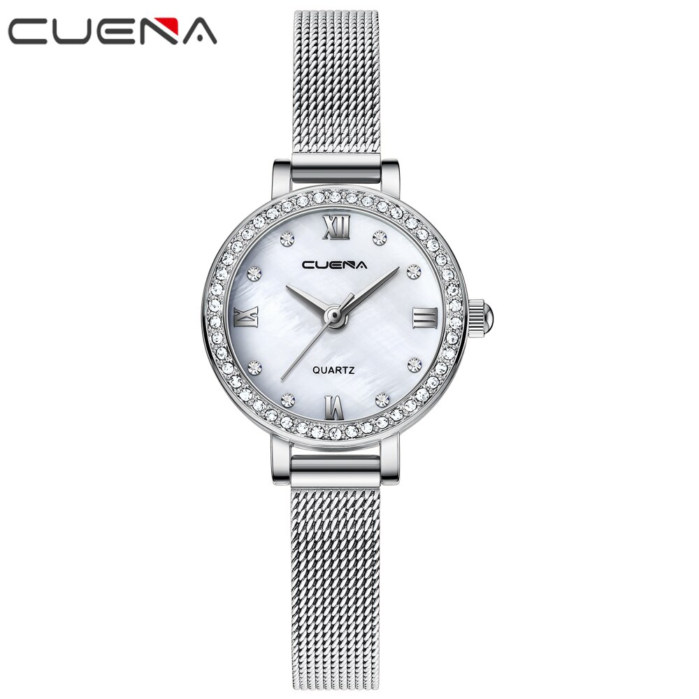 CUENA-Reloj de lujo con correa de malla para mujer, pulsera femenina, de superior: silver