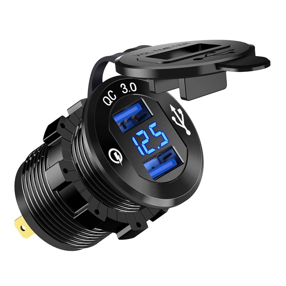 3.0 dubbele usb-autolader, waterdichte aluminium stopcontact, snel opladen met led-voltmeter, universeel 12v/24v snel opladen: Zwart 1