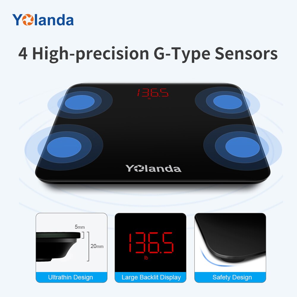 Yolanda  cs20b kropsvægtsvægt smart elektronisk digital vægtvægt bluetooth vægtvægt badevægt bmi med app