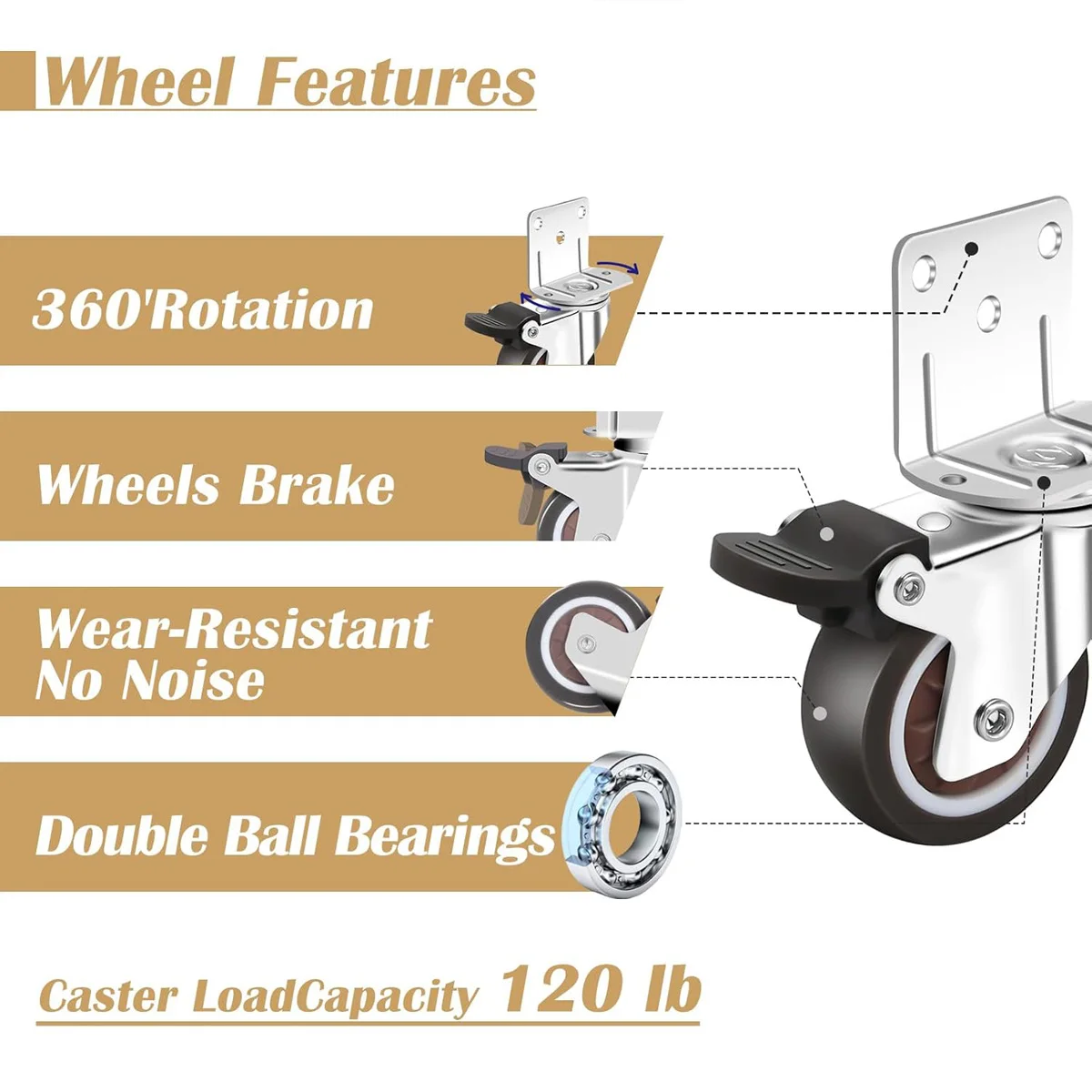 Side Mount Casters Furniture Wheels, L-Shaped Rubber Casters Set of 4, 360 Degree Locking Swivel Top Panel Casters for Furniture