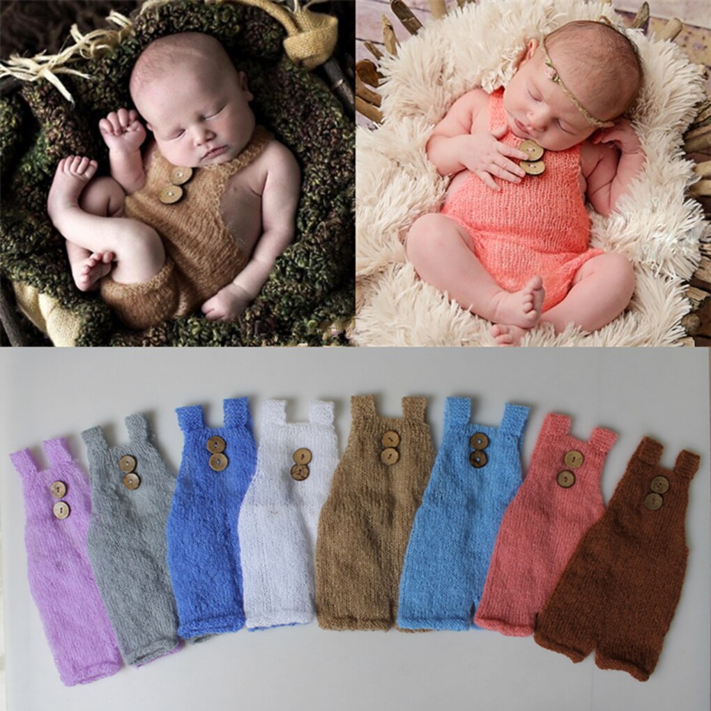 Nyfødte fotografi rekvisitter blødt mohair baby dreng piger kostume håndlavede strik knapper romper outfit baby foto rekvisitter tilbehør