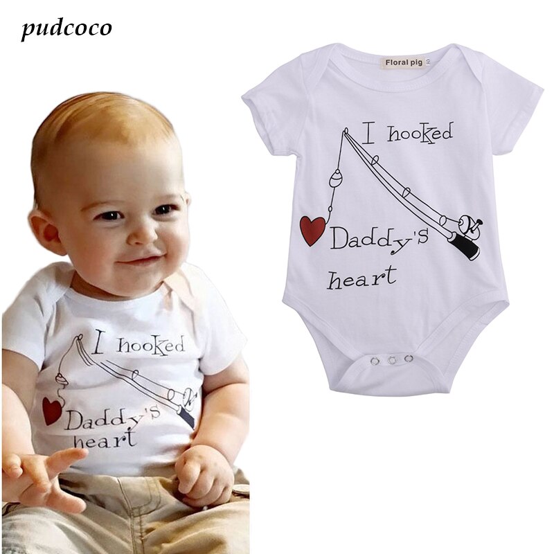 Summer Bodysuits Baby Boy Girl I Hooked Daddy's Heart Babygrow Jumpsuit Playsuit cotton Bodysuits