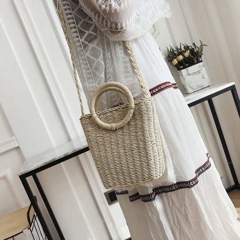 Zomer Dames Handgemaakte Rotan Ring Strozak Geweven Crossbody Strand Zakken Vierkante Handtas Tassen