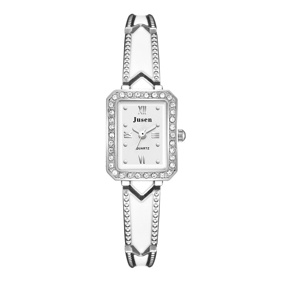 Rechthoekige dameshorloges met diamant, luxe roestvrijstalen dameshorloge met quartzhorloge, kwaliteiten, roma wijzerplaat, dameshorloge: Zilverwit