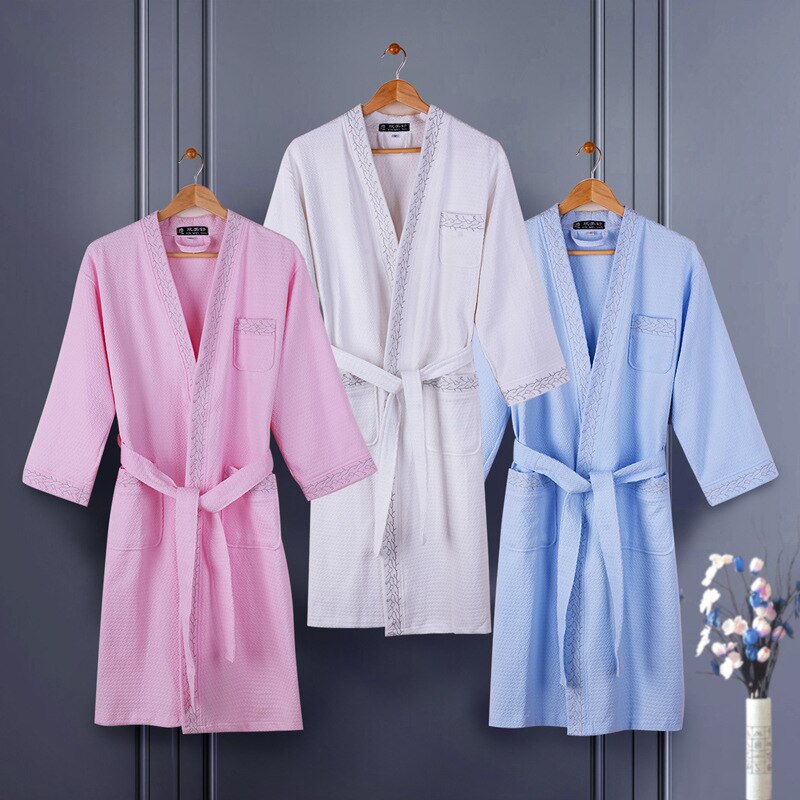 Men Solid Color 100% Cotton Sleepwear Hotel Bathrobe Waffle Kimono Robes Lovers long-sleeved Lounge Robes Dressing Gown Women