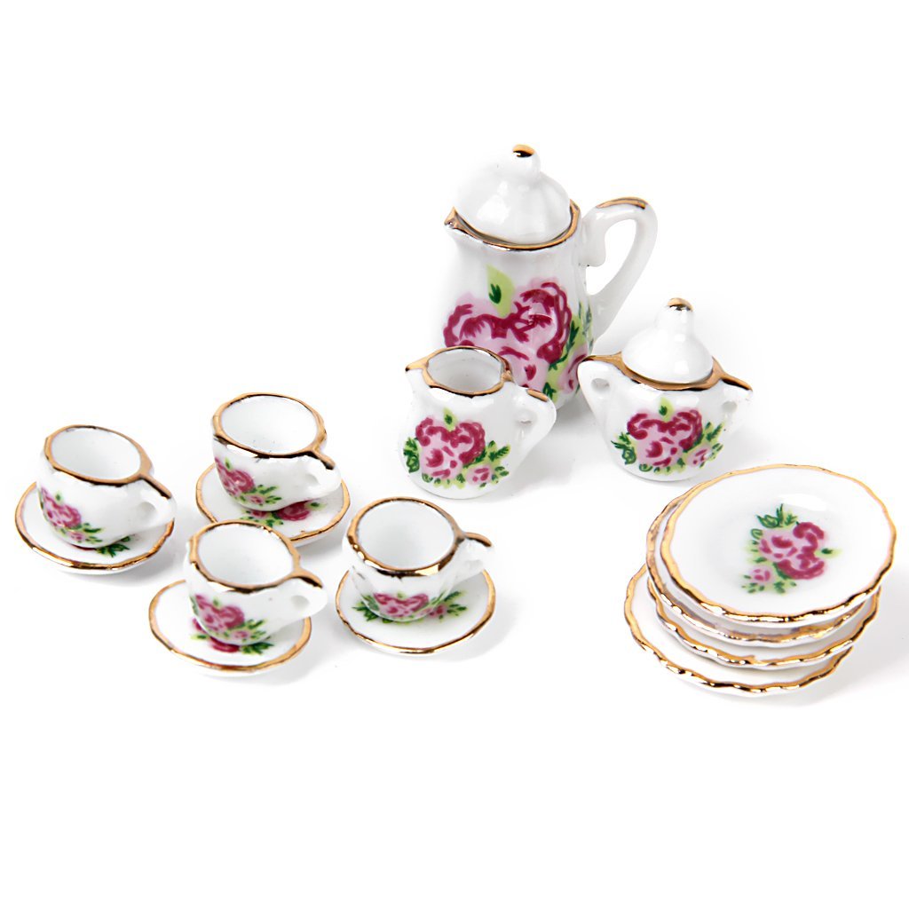 FBIL-15 pieces Porcelain tea set Dollhouse miniature foods Chinese rose dishes cup