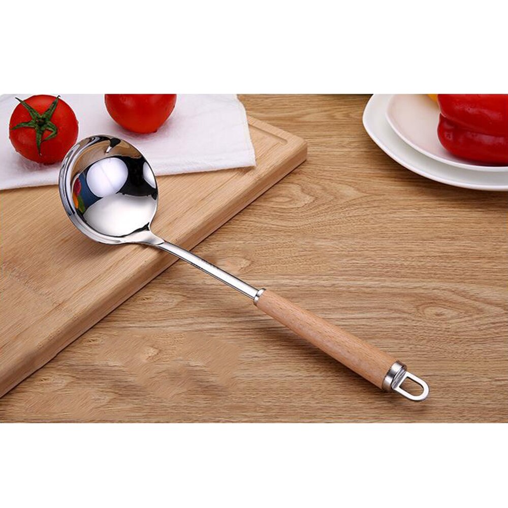 1Pcs Spatula with Wooden Handle Stainless Steel Kitchenware Set Household Spoon Kitchen Gadget Stainless Steel Frying Shovel: Soup Spoon