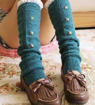 Cotton Leg Warmers Lace Closure White Sweet Lolita Girls Boots Socks Rivet Elements: lakeblue