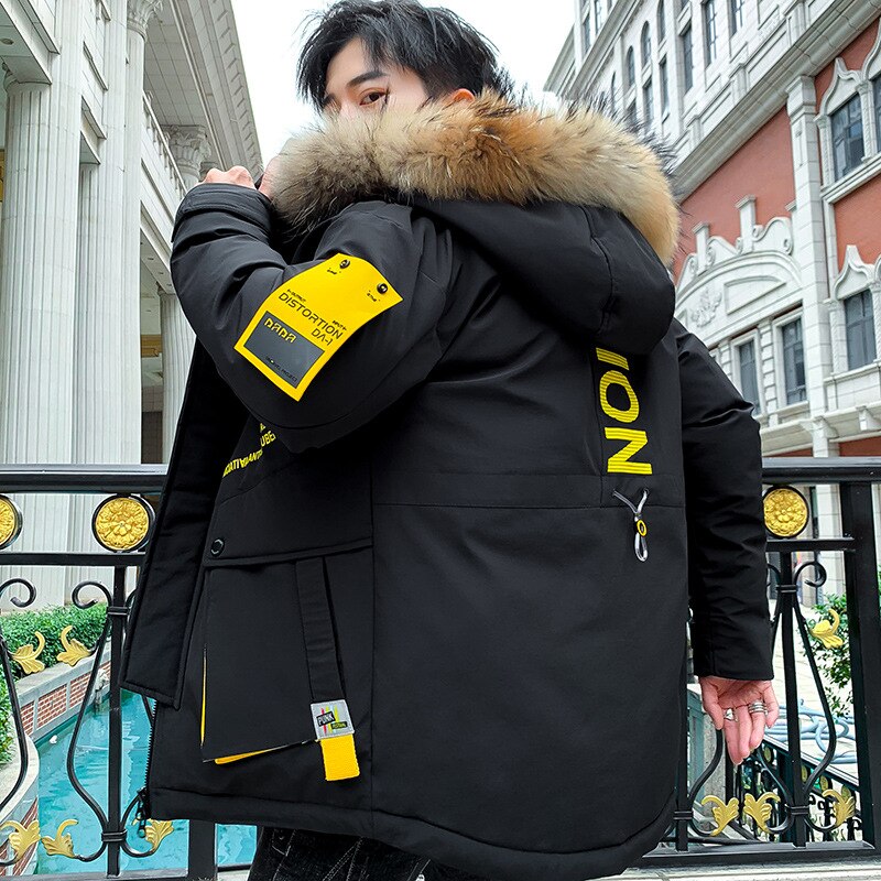 Vinterjacka herr vadderad parka man vinterkappa konstgjord päls stora fickor korta tjocka parkas snöjacka plus size: Svart / Xxl