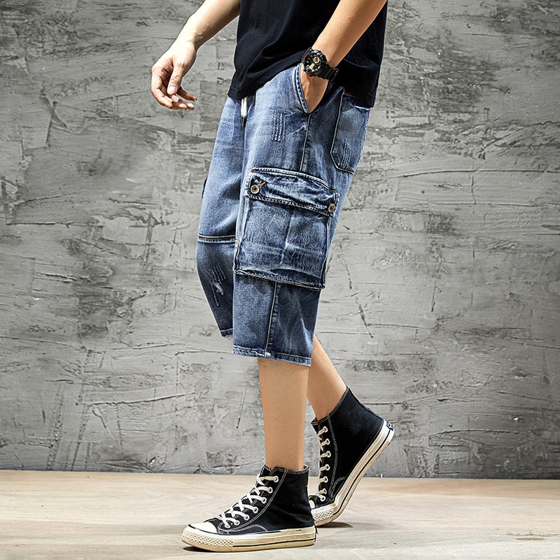 Mænd denim shorts store lommer motor biker stil jean kort afslappet streetwear fritid mandlige sommer hjem bukser