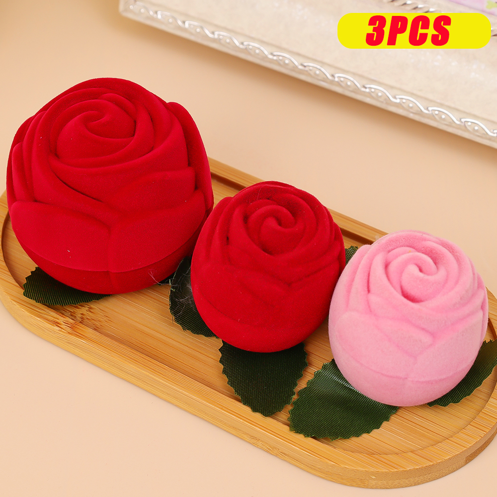 Romantic Wedding Rose Ring Box Red Pink Velvet Jewellery Storage Engagement Ring Case Valentine's Day Jewelry Rings Women: Red