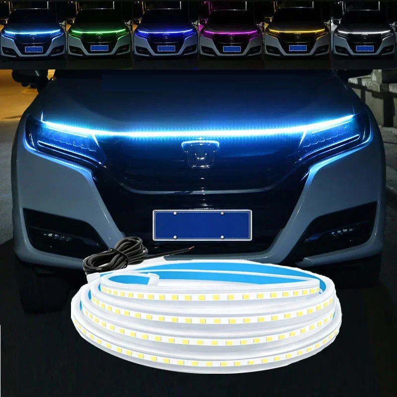Feu de jour LED DRL pour voiture, avec clignotant, bande lumineuse décorative pour capot de voiture, avec balayage de démarrage, météore dynamique, 12V