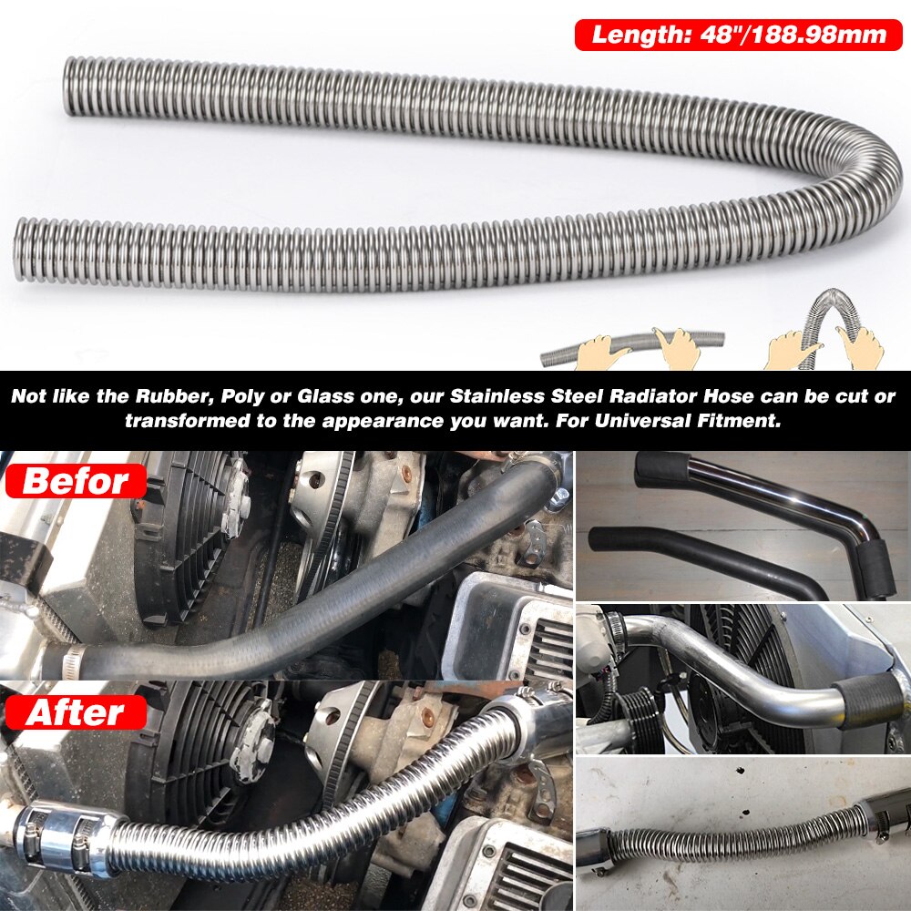 Universal 48" Stainless Steel Radiator Flexible Coolant Water Hose Kit W/ Cap Clamp 1.25" 1.5" 1.75" HT-SXG01