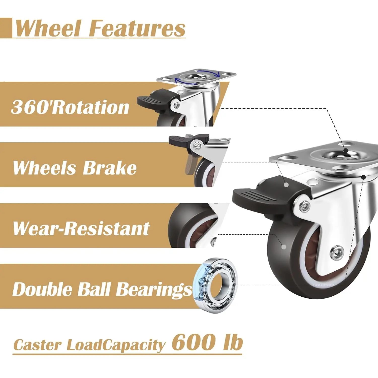 2 Inch Caster Wheels for Furniture, Rubber Swivel Caster Wheels Set of 4, Heavy Duty Casters with Capacity 600 LBS