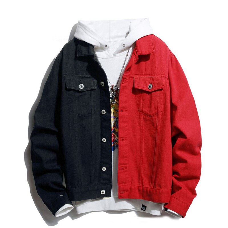 Mannen Streetwear Zwart Wit Twee-Tone Patchwork Slim Fit Jean Jassen Motorfiets Hip Hop Katoen Casual Denim Jacket Jassen: RED / Asian Size L