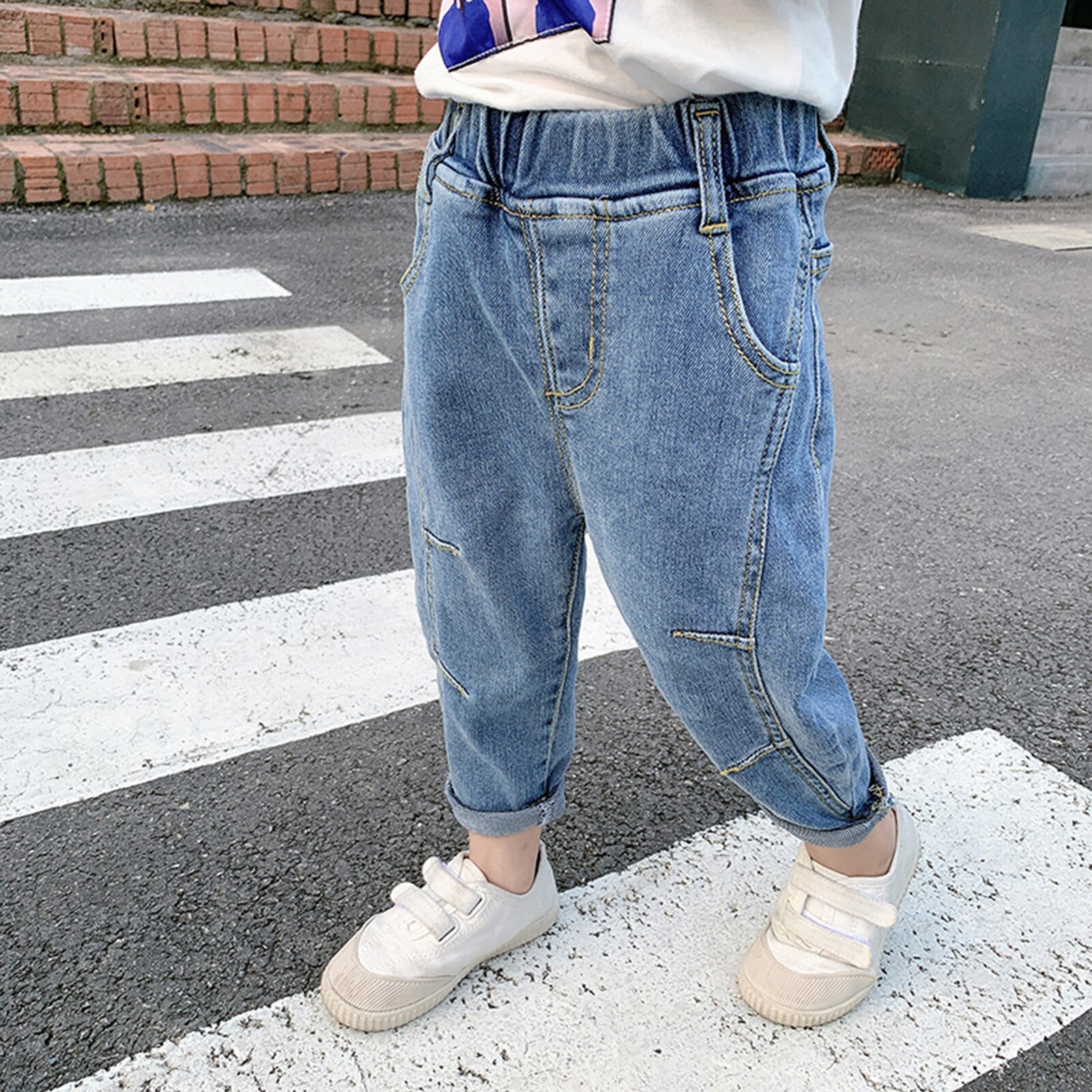 Ademende Peuters Broek Jeans Meisjes Creatieve Diagonale Lijn Lange Jeans Losse Denim Broek