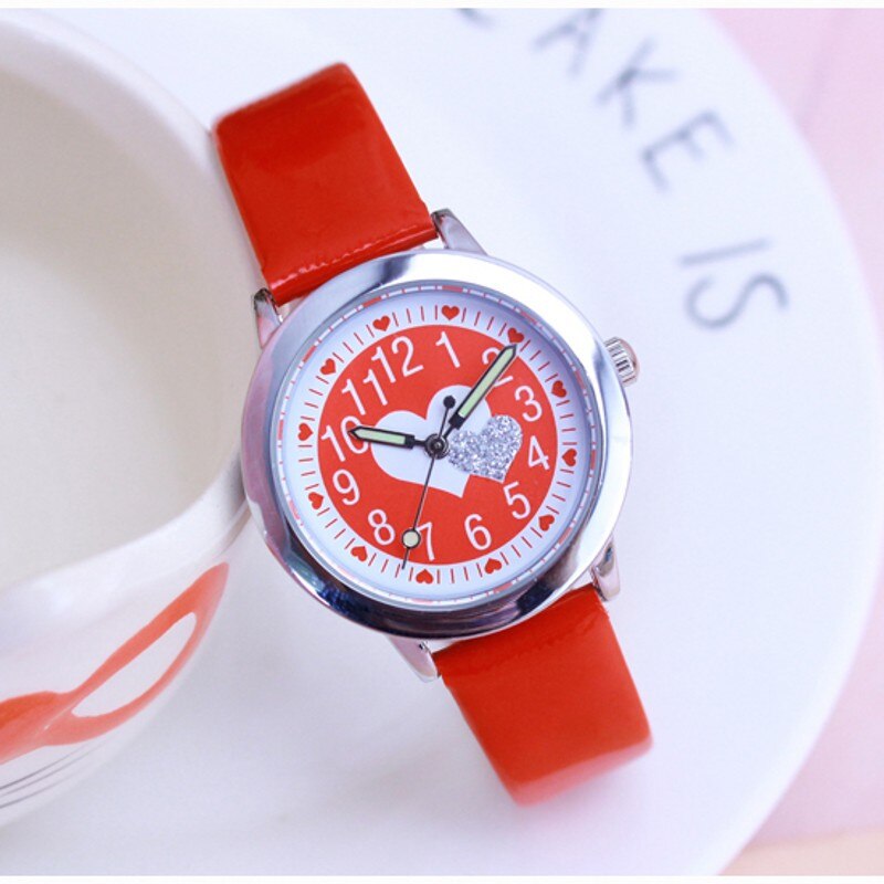 Leren kwarts hartvormig kinderhorloge cartoon horloge student horloges horloge relogio feminino montres: Rood